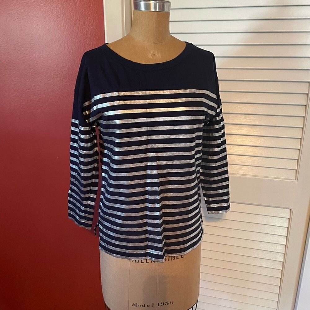 J CREW | navy silver metallic stripe long sleeve top XS